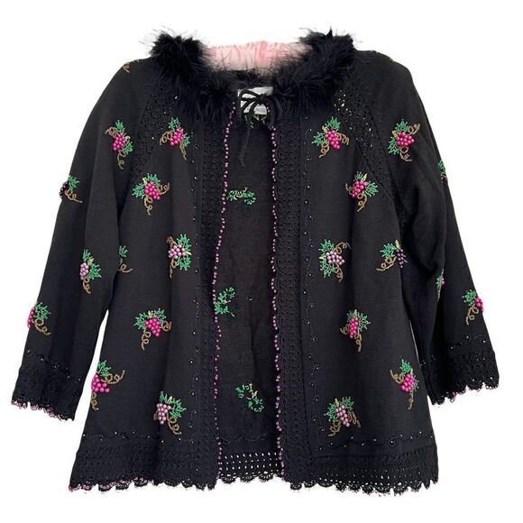 Vintage Cardigan with Beaded Grapes and Black Feather Collar Black + Purple S - Picture 1 of 8